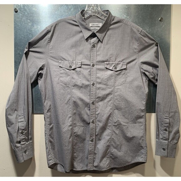 Slim Fit L Calvin Klein Geometric Pattern Gray 96% Cotton 4% Lastol Pocket Shirt - Picture 1 of 16